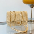Borsa a sella in paglia con ricamo floreale e tracolla a catena dorata beige chiaro - Cachi