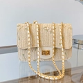 Borsa a sella in paglia beige con ricamo floreale e tracolla a catena dorata - Bianco Sporco