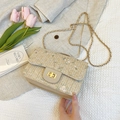 Light beige straw woven shoulder bag with floral embroidery and gold chain strap - Khaki