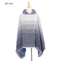 Women's hooded poncho in navy blue herringbone knit with colorful stripes and fringe - Tops / 135x135+25cm / Blue (DP5-05#)