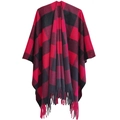 Classic red and black buffalo plaid poncho cape with thick tassels for autumn and winter - Red Black (SH11-02)