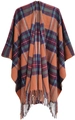 Orange and navy plaid women's poncho cape with thick fringe tassels and check pattern - Yellow Green (SH8-04)