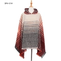 Knitted hooded poncho in cream with red and black herringbone patterns and fringed hem - Tops / 135x135+25cm / Red (DP4-01#)