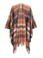 Women's plaid tassel poncho shawl in orange, brown, and grey autumn colors - Earth Yellow (SH10-04)