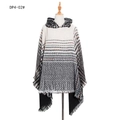 Knit hooded poncho in cream with black geometric patterns and fringed hemline detail - Tops / 135x135+25cm / Black (DP4-02#)