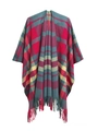 Women's thick plaid poncho with fringe in deep red and forest green checkered pattern - Red Green (SH10-03)
