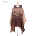 Women's hooded knit poncho with herringbone pattern and fringe in brown gradient tones - Tops / 135x135+25cm / Brown (DP4-08#)