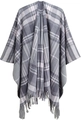 Women's plaid tassel poncho shawl in grey and white thick knit for winter - Grey (SH9-03)