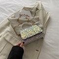 Chic iridescent sequin evening bag with pearl handle and golden chain shoulder strap - Off White