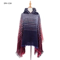 Women's knit poncho cape with hood, dark blue and wine red gradient herringbone with tassels - Tops / 135x135+25cm / Navy (DP4-03#)