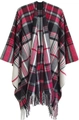 Classic red black and white plaid poncho with fringed hem in soft wool blend fabric - Red Beige (SH9-01)
