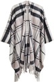 Women's plaid tassel poncho shawl in a classic black, grey and white knit pattern - Beige (SH9-02)