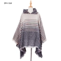 Knit hooded poncho featuring grey herringbone and colorful plaid pattern with fringes - Tops / 135x135+25cm / Gray (DP4-06#)