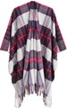 Plaid poncho shawl with red and blue tartan pattern featuring fringe tassels for women - Colorful White (SH8-01)