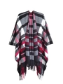 Women's plaid poncho wrap in red and black check with long tassel fringe detail - Rice Black (SH10-02)