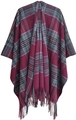 Plaid tassel poncho in dark wine red and charcoal grey with fringed hem detail - Wine Red (SH8-03)