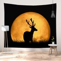 Nordic wall tapestry with black elk silhouette and orange full moon art print - Brushed Fabric - Small / Elk Under Moon (CGT060-4)