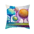 Dettaglio del motivo ad albero dipinto a olio su fodera per cuscino in pelle di pesca - Alberi Artistici Giallo Luminoso Blu Viola (TPR409-14)