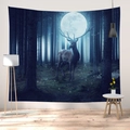Nordischer Wandteppich mit majestätischem Hirsch, Vollmond und dunkelblauem Waldmuster - Verträumter Mondphasen Elch (CGT060-6)