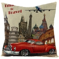 Retro kussenhoes met reisthema, monumenten, vintage auto en Time to Travel opdruk - Jym135- (2) / 45x45 Vierkant (Geen Vulling)