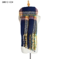 Thick navy blue plaid scarf with orange and white accents featuring long tassels - Navy Blue