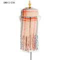 Sciarpa spessa a quadri beige con strisce arancioni e verdi e lunghe frange - Beige