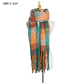 Thick colorful plaid scarf with orange and green patterns and long tassels - Green