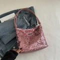Pink sequin hobo bag with a fashion label and stylish round shoulder strap detail - Pink