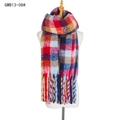 Thick colorful plaid scarf with chunky tassels in red, blue and yellow pattern - Navy Blue