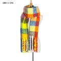 Chunky plaid scarf with yellow and blue blocks and long tassels on white mannequin - Yellow