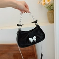 Sac bandoulière en velours noir plissé avec papillon 3D et poignée en perles chic - Noir
