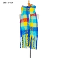 Thick checkered scarf with long tassels in bright blue, yellow, and orange color block - Blue