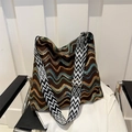 Brown knit hobo bag with colorful wave patterns and geometric wide shoulder strap - No Pendant / Brown
