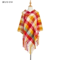 Women's thick knit plaid poncho with tassels in red, yellow, and beige lattice pattern - Red Plaid (QPJ10-01)