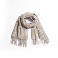 Minimalist beige and white gingham scarf with soft fringe trim on a clean white background - White