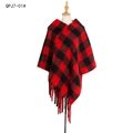 Women's red and black checkered hooded shawl cloak with fringe trim in soft knit fabric - Red Checkered (QPJ7-01)