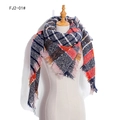 Thick plaid shawl scarf in navy and red tartan pattern with fringe edge detail - 135x135cm / Navy Blue (FJ2-01#)