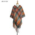 Plaid knitted poncho wrap with fringe in orange, dark green, and brown patterns - Dark Green Plaid (QPJ10-02)