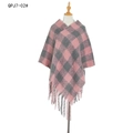 Pink and grey plaid sleeveless cape poncho with tassel fringe on a white background - Pink Checkered (QPJ7-02)