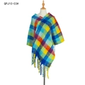Thick colorful plaid poncho for women with vibrant tassels and fuzzy bouclé yarn texture - Blue Plaid (QPJ10-03)