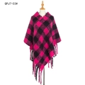 Poncho tricoté à carreaux rose et noir pour femme avec franges épaisses et ourlet asymétrique - Carreaux Rose Foncée Noir (QPJ7-03#)