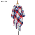 Red and blue plaid tassel poncho sweater with thick knit texture and fringe details - Light Blue Plaid (QPJ10-04)