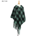 Women's green and black plaid knit poncho with fringe hem in a classic British style - Dark Green Checkered (QPJ7-04)