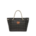 Black checkered tote bag with soft leather finish, brown logo patch, and rope handles - Bag Only / Black
