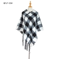 Classic black and white checkered knit poncho with decorative fringe tassels - Black & White Checkered (QPJ7-05)
