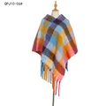 Colorful plaid knit poncho with long fringe tassels on a display mannequin - Purple Plaid (QPJ10-06)