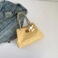 Yellow checkered canvas tote bag with cotton rope handles and cute plush charm detail - With Pendant / Yellow
