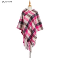 Thick pink and grey plaid poncho with twisted tassels and textured boucle yarn - Rose Red Plaid (QPJ10-07)