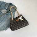 Black checkered tote bag in soft leather with woven rope handle and plush charm - With Pendant / Black