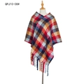Women's plaid tassel poncho cape with colorful check pattern and fringe hem - Navy Blue Plaid (QPJ10-08)
